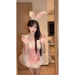 甜美女仆蕾丝飞飞袖上衣兔耳草莓围裙蓬蓬短裙夏季新款显瘦套装女