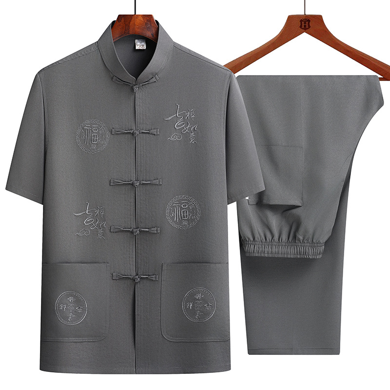 Middle-aged and elderly ice silk cotton short-sleeved shirt set, summer new Chinese style loose Tang suit for men, fathers, and the elderly.