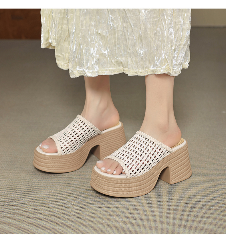 Sandal cao gót nữ đế dày phong cách La Mã, mũi hở, quai đan lộng lẫy — màu đen, màu trắng ngà chi tiết 11