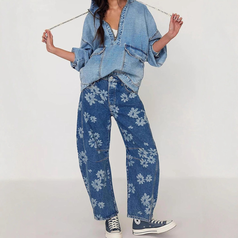 Amazon's New Fall/Winter 25 Y2K Women's Jeans, Loose Wide-Leg Floral Print Cropped Pants, Mid-Waist Denim