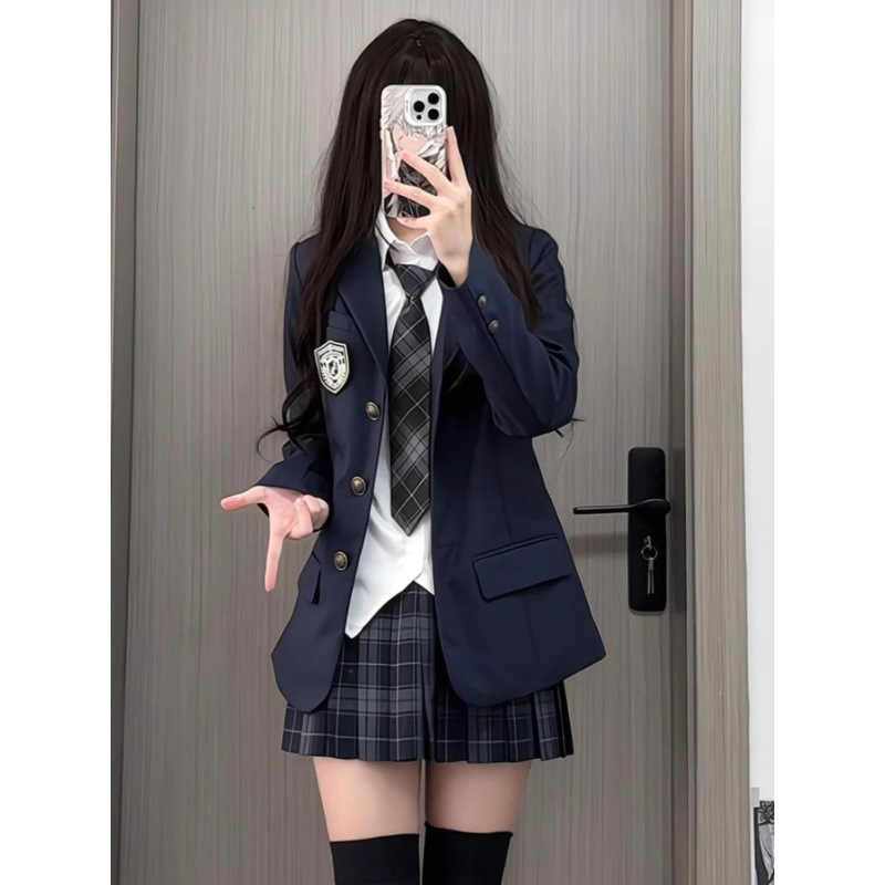 本佐中JK西装外套女正版原创校供学院风藏青色西服制服套装三件套|undefined