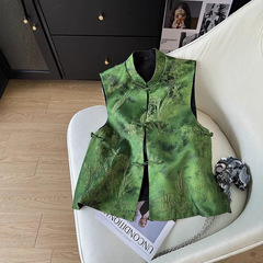 2025新中国式グリーン刺繍馬甲復古盤ボタン女装春秋片面ジャカードを着て上着を重ねた新製品