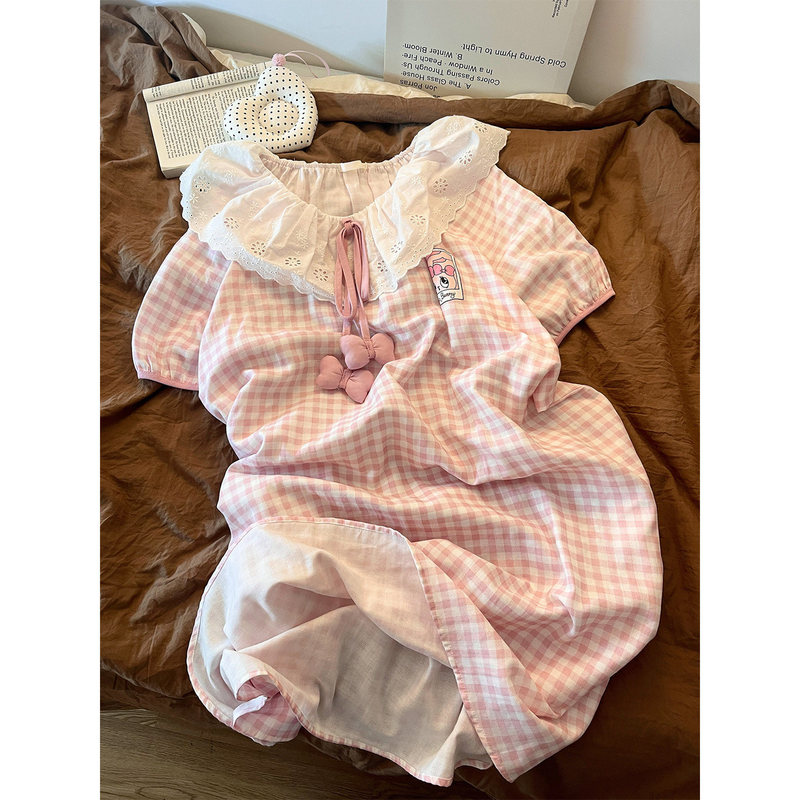 Korean-Style Girly Doll Collar Age-Reducing Short-Sleeve Nightgown for Women, Summer 2026 New Ins Pink Plaid Dress