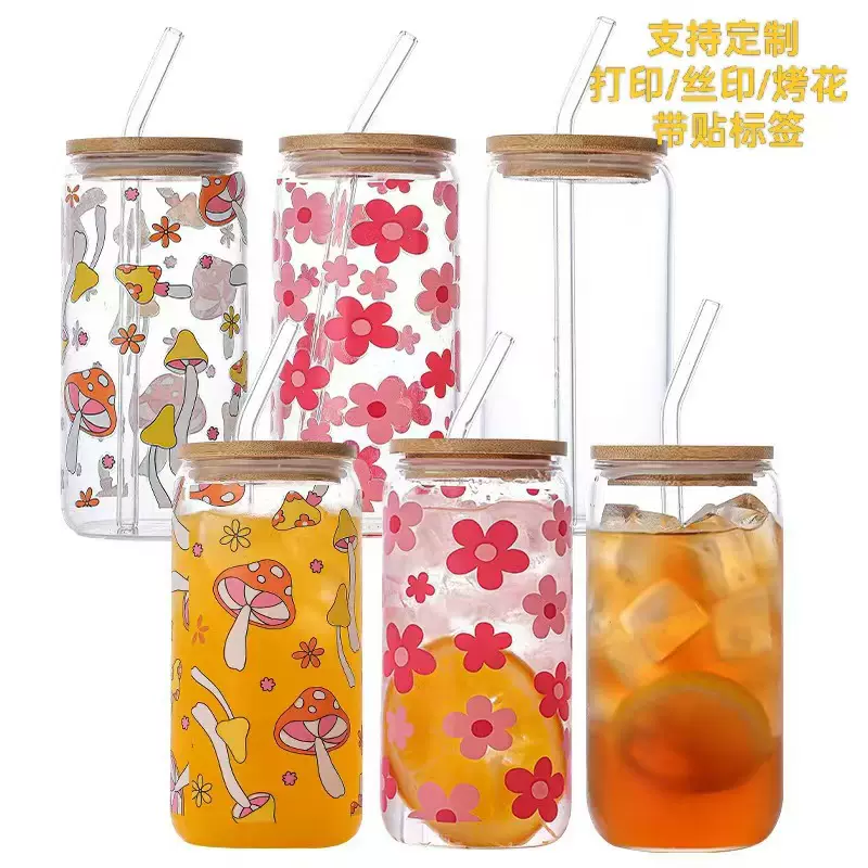 带吸管跨境可乐杯16oz高硼硅玻璃杯竹盖20oz单层果汁杯