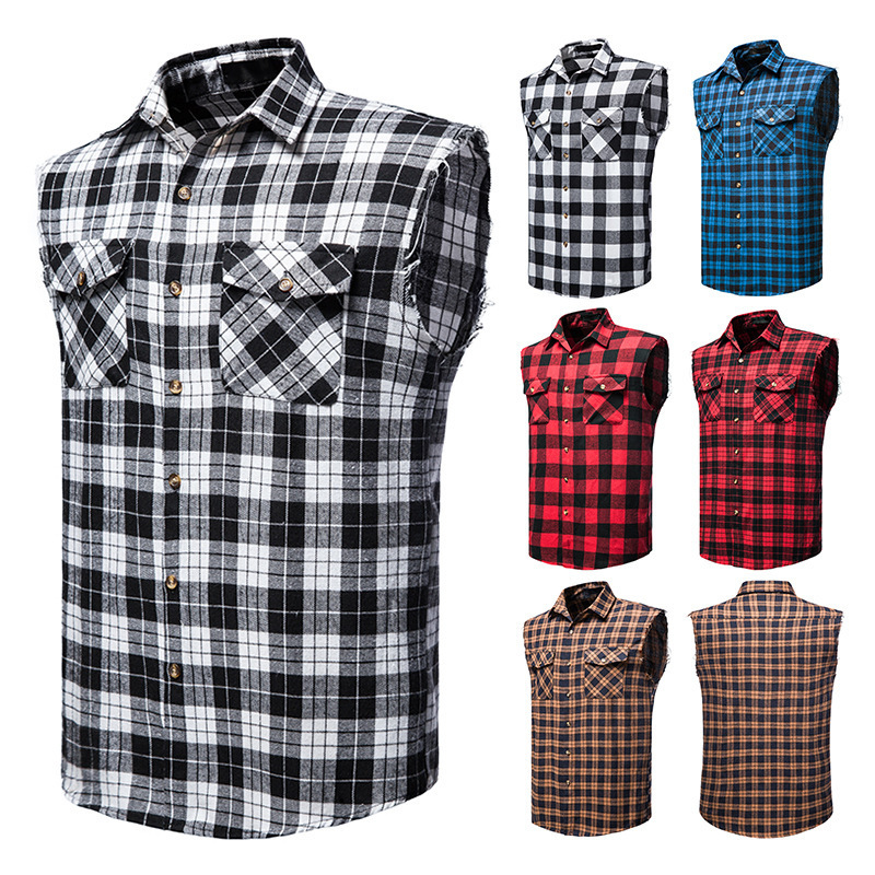 2023 verano nuevo tamaño europeo hombres Camisa sin mangas casual Amazon moda Plaid multicolor camisa grandes productos