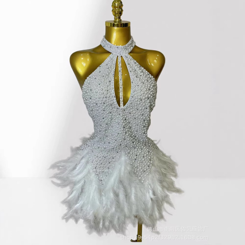 Cross-Border Luxury Beaded Feather Hem Sexy Low-Cut Sleeveless Mini Dress European and American Fashion Party Performance Dress
