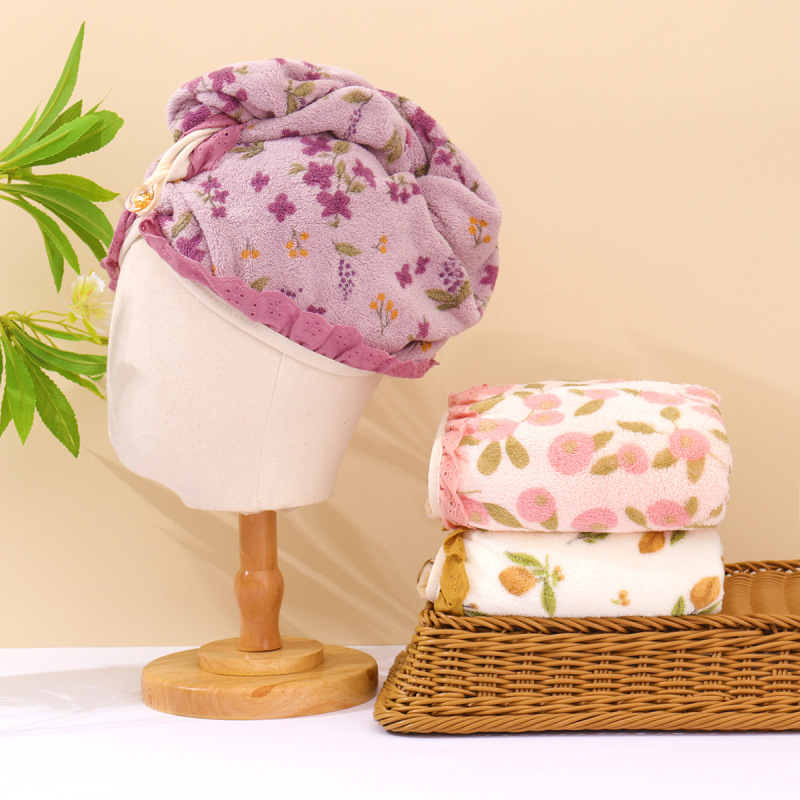ins蕾丝边碎花干发帽女加厚吸水速干包头巾家用洗澡浴帽干发毛巾|undefined