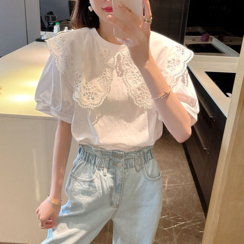 Summer 2025 South Korea Dongda Embroidered Lotus Flower Baby Collar Ins Style Fashion Short Sleeve Blouse