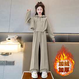 加绒女童秋冬季加绒加厚套装2024新款时髦连帽卫衣阔腿裤运动装