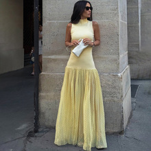 跨境欧美风2025夏季新款女装高领气质修身拼接长裙时尚波点连衣裙