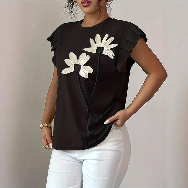 2026 Summer New European and American Cross-Border Cute Color-Blocking 3D Flower T-Shirt
