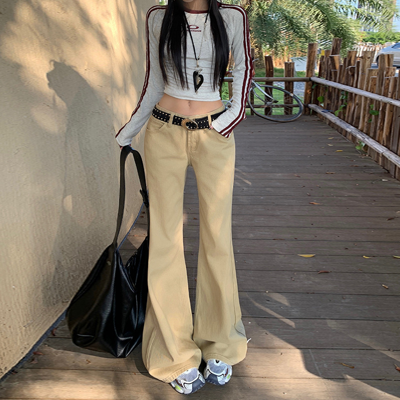 Khaki Low-Waist Slightly Flared American-Style Jeans for Women, Spring Vintage Hot Girl Style, Hip-Covering, Slimming, Floor-Length Flared Pants