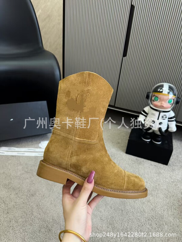 欧洲站2025新款小香风牛反绒粗跟厚底复古西部牛仔短靴切尔西靴|undefined