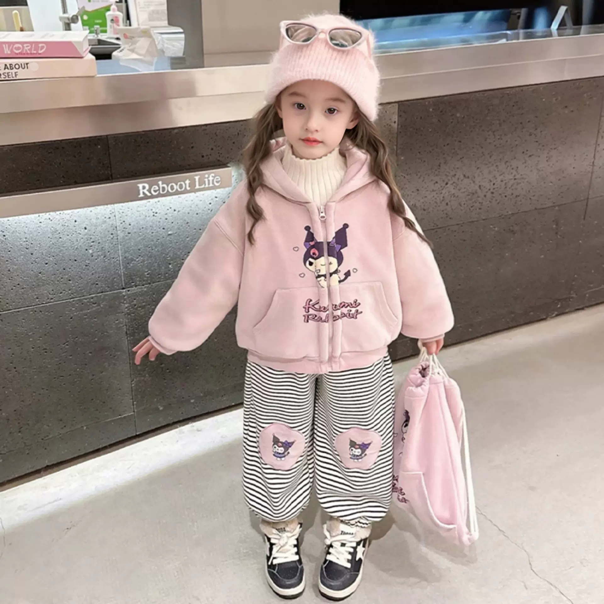 儿童秋冬加绒卫衣套装女童奥粒绒加厚两件套 宝宝保暖双面绒套装