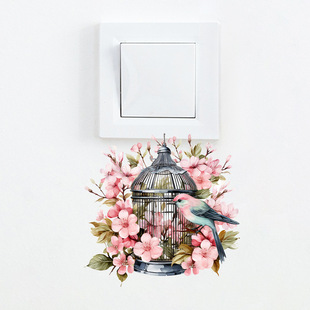 Cross-border Spring Romantic Flower Bird Cage Children's Bedroom Switch Stickers Decorative Wall Stickers Waterproof Self-adhesive Wholesale