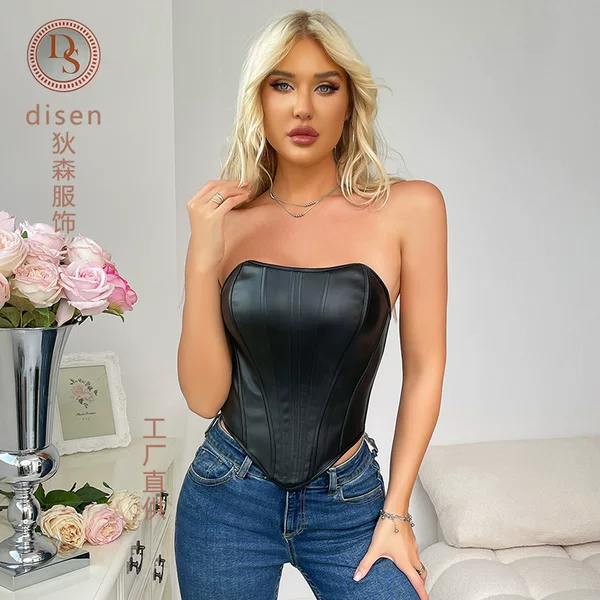 Cross-border PU Leather Corset Gothic Corset Zipper Fish Bone Shaping Chest Shoulder Wrapping Women's Outer Wear Chest Vest