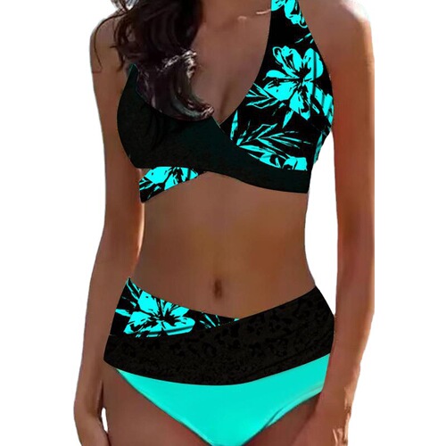 European and American Cross-Strait Plus-Size New Print Bikini Split Swimsuit for Women Amazon