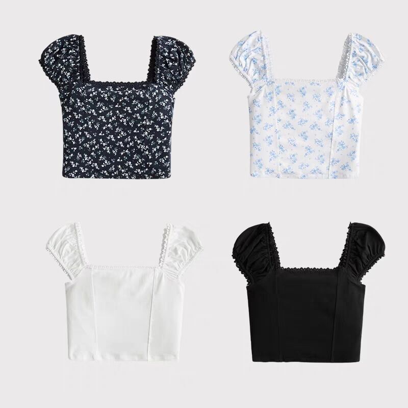 Bm Style Little Seagull Summer Short Slim Fit One-Line Collar Floral T-Shirt Lace Trim Top for Women Trendy