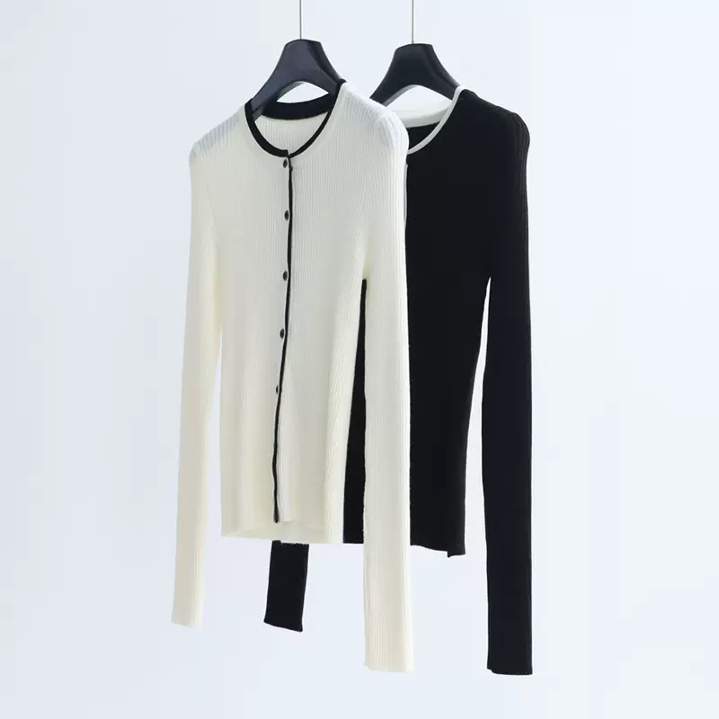 早秋新款桑蚕丝羊毛混纺针织开衫女修身显瘦外穿撞色圆领针织上衣