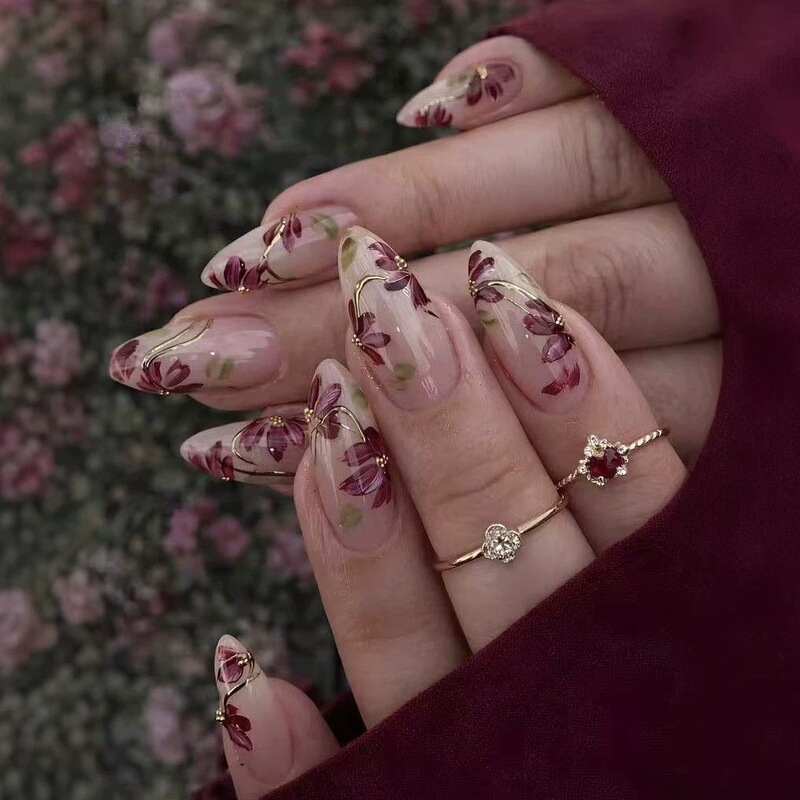 Elegant Burgundy Hand-Painted Oil Painting Flowers with Gold Lines, Almond-Shaped Nails with Gold Beads, Original Jade Red-Brown Floral Press-On Nails