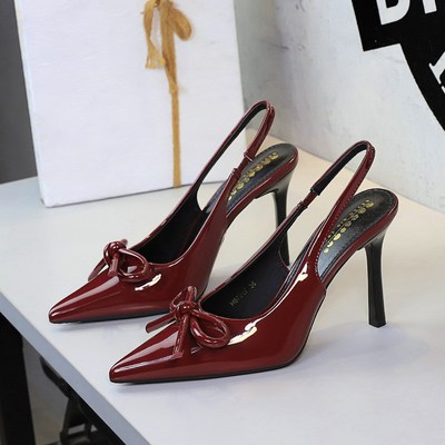 7317-H105 Sexy Nightclub Goddess High Heels, European and American Bow Lacquered Leather Pointed Back Empty Rear Trippin
