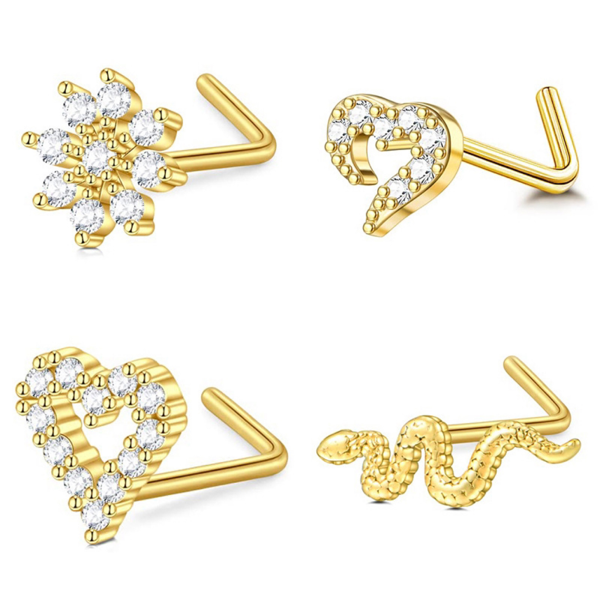 Piercing al naso da donna a forma di L, con perno irregolare, intarsiato con strass, cuore, serpente, fiore, zircone_voghion.com
