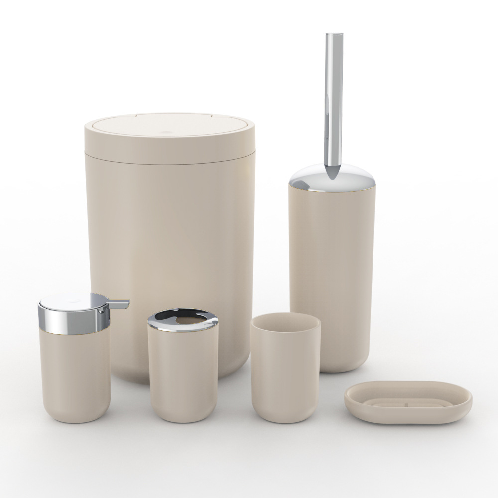 Plástico de color sólido plateado seis piezas conjunto de cepillo de dientes caja de jabón cepillo de inodoro almacenamiento baño conjunto de lavado