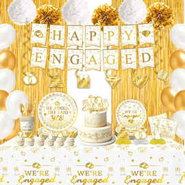 白金订婚派对装饰套装 Happy Engaged拉旗纸盘纸杯桌布氛围布置品