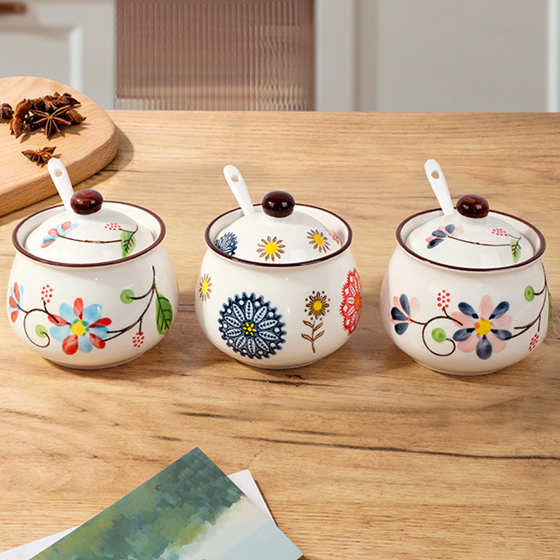 日本式釉薬下彩陶磁器調味料缶家庭用蓋付き味の素塩缶耐高温唐辛子油缶調味缶セット|undefined