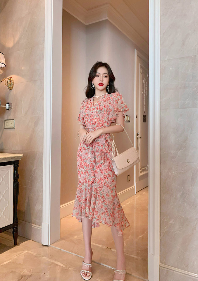 Váy maxi đuôi cá voan xếp tầng kiểu Pháp tay bồng che khuyết điểm — Màu xanh lá chi tiết 28