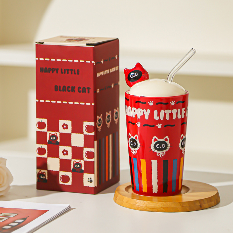 Caricatura gatito taza de paja hermosa taza de alto valor facial taza de agua taza de gran capacidad con cubierta de regalo