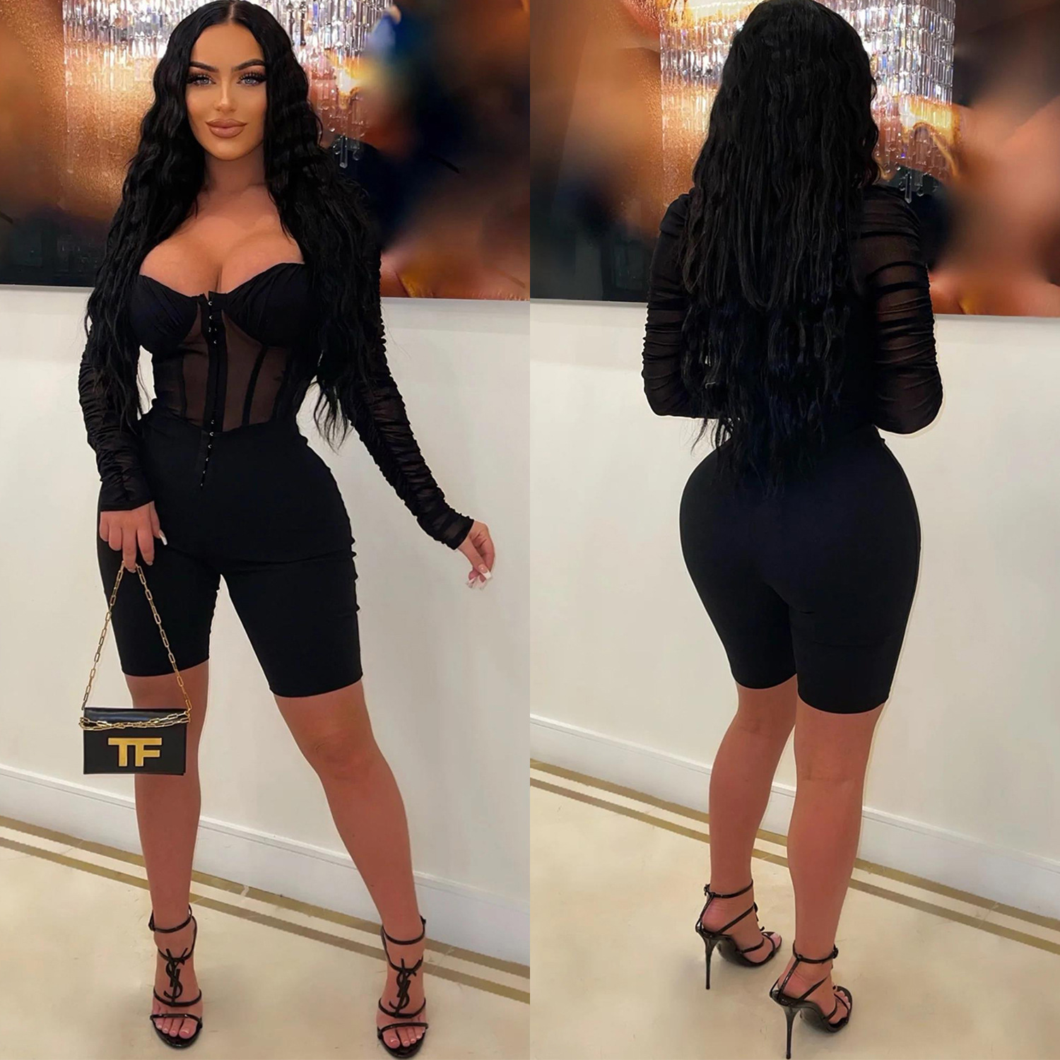 X6121 transfronteriza AliExpress Amazon europeo y americano de la moda de las mujeres de color sólido de manga larga pantalones cortos de malla perspectiva mono