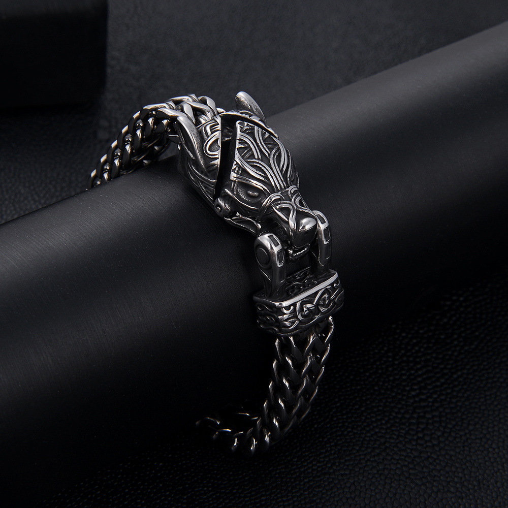 New European And American Viking Wolf Head Stainless For Men Punk Thick Chain Fashion Titanium Steel Vintage Bracelet_voghion.com