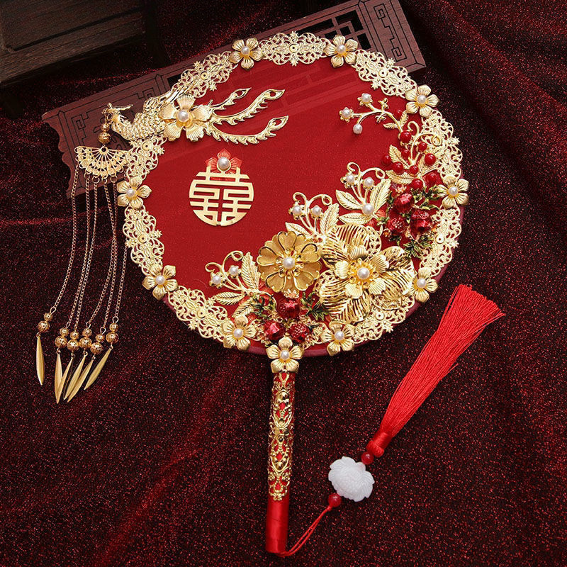 中式婚礼明制婚服新娘遮面手捧花汉服团扇秀禾服出嫁遮面喜扇成品|undefined