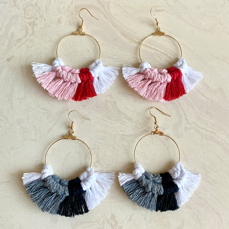 Valentine's Day woven earrings European and American style pastoral style metal ring tassel earrings hand-woven earrings geometric earrings
