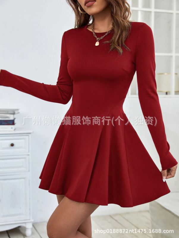 2025亚马逊跨境女装欧美简约纯欲红色连衣裙秋冬高腰修身中长款裙|undefined