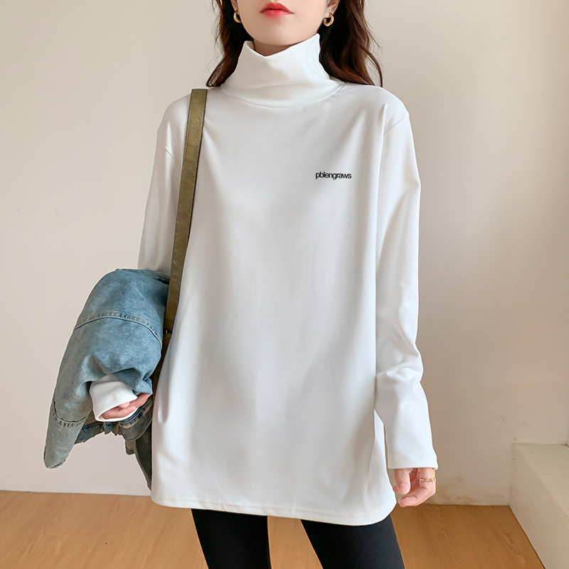 두꺼운 따뜻한 느슨한 플러스 사이즈 중장 최고 서양식 긴팔 티셔츠 여성용 트렌디 하이 칼라 베이스 셔츠