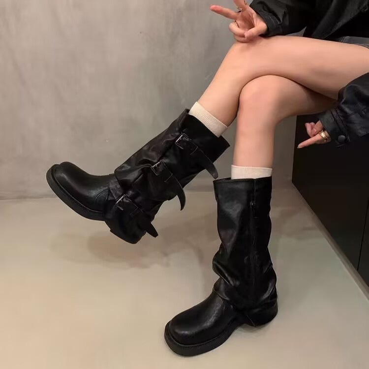 厚底ミッドカーフブーツ女性用 2025 初秋と冬の新しいスタイルのプリーツベルトバックルダークブーツナイトブーツ|undefined