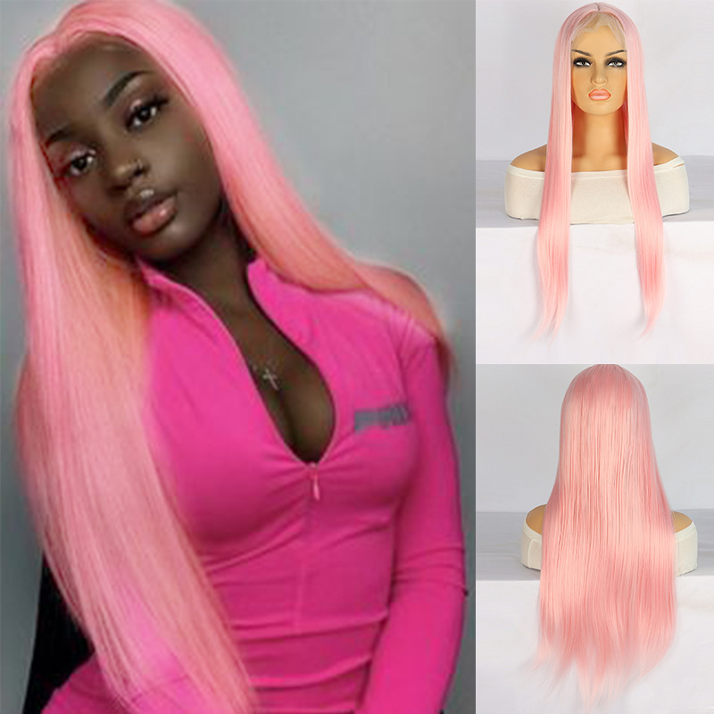 Cross-Border Wigs for European and American Women, Lace Front Synthetic Hair Wig, Pink Middle-Parted Long Straight Hair, Manufacturer in Stock, Women's Wig