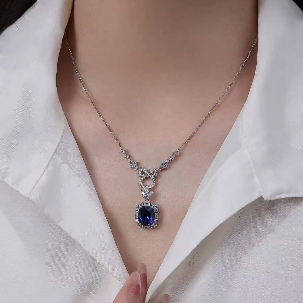 Ожерелье из культивированного сапфира 5,5 карата, королевский синий, роскошное, тяжелое, ручной работы, для вечерних нарядов, цепочка для свитера, серебро S925