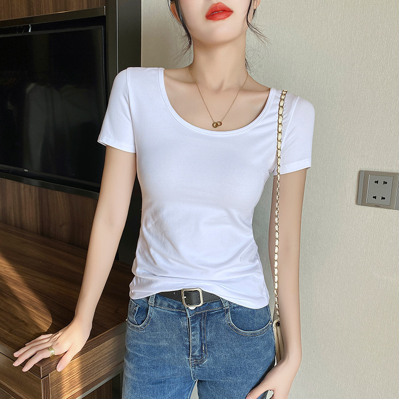 Show Shirt Source Factory Short-sleeved T-shirt Women's Double U-collar Summer Tight Inner Wear Korean Style Slim-fit Slim-fit Top Women's Wear