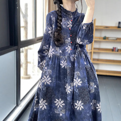 春のレトロ高級綿麻がやせて見える文芸長袖ワンピースファッション高腰気質高貴ワンピース