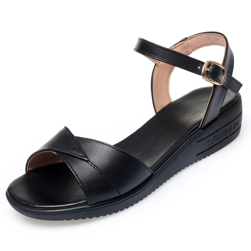 Sandal đế xuồng da thật mềm mại mùa hè cho nữ — Màu đen