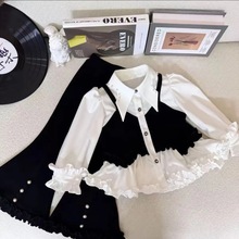 女童套装2025春秋新款儿童韩系洋气时髦假两件衬衫休闲喇叭裤套装