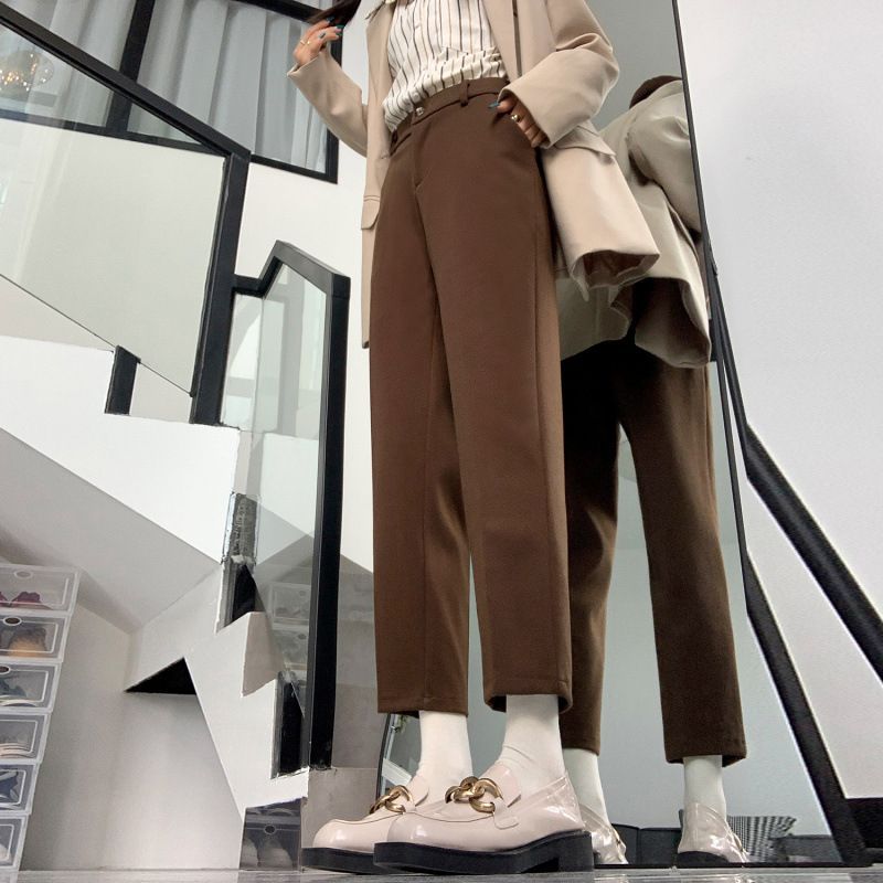 (2개) 모직 세트 바지 여성의 가을과 겨울 기모 두꺼운 작은 스트레이트 바지 얇은 높은 허리 자른 파이프 바지