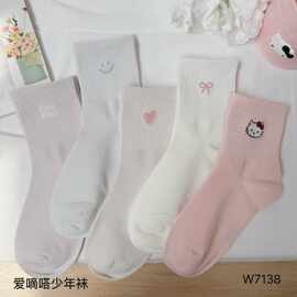 爱嘀嗒26秋冬新款少年袜浅色系可爱小猫中筒袜韩版女童潮袜无骨袜