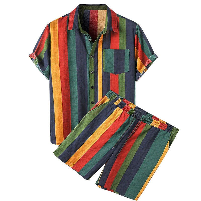 Southeast Asian Men's Cross-Border Beach Hawaiian Striped Short-Sleeved Shorts Set Two-Piece Shirt Antibacterial Lapel