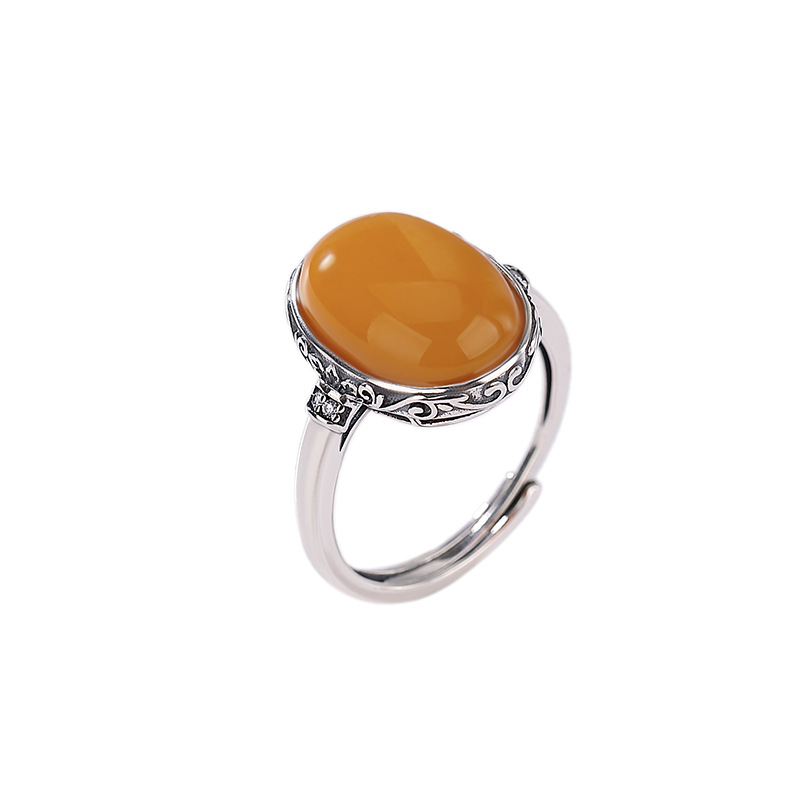 Nhẫn mặt trứng hoa văn sáp ong bạc nguyên chất S925 hình hươu — Mở (một kích thước)