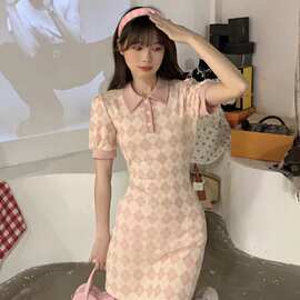 韩版甜辣妹别致Polo领连衣裙女森系初恋裙款修身显瘦气质高雅裙子