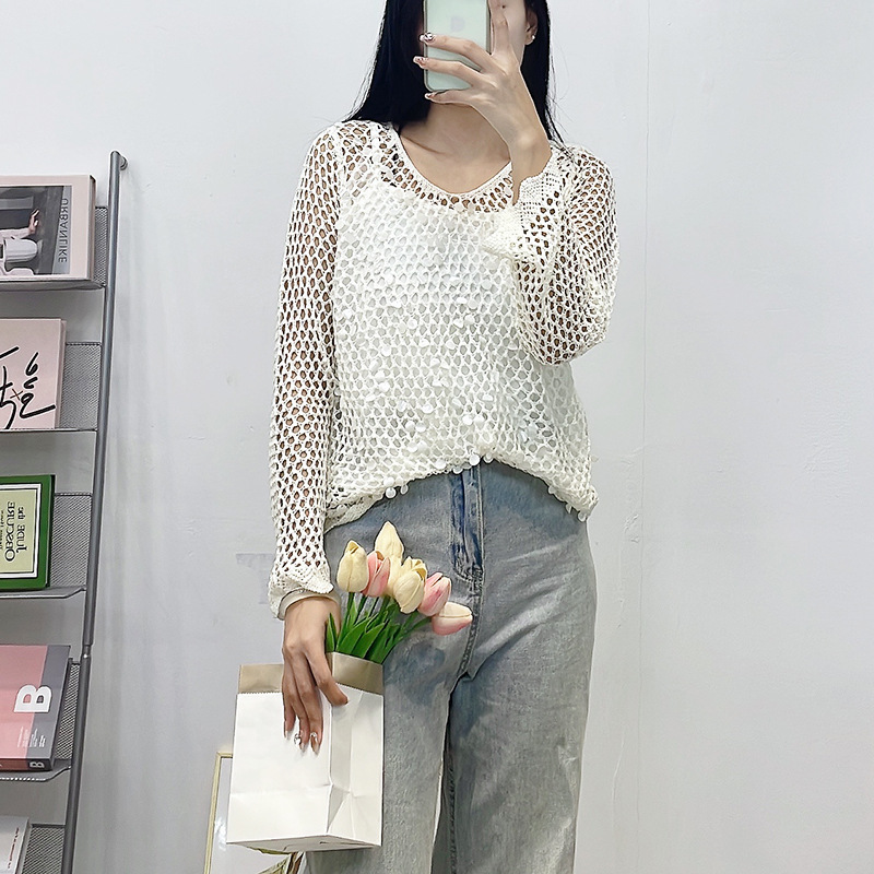 Hollow Mesh Crochet Sequins French Romantic Niche Design Pullover Knitted Sweater Lazy Style Top with Sling